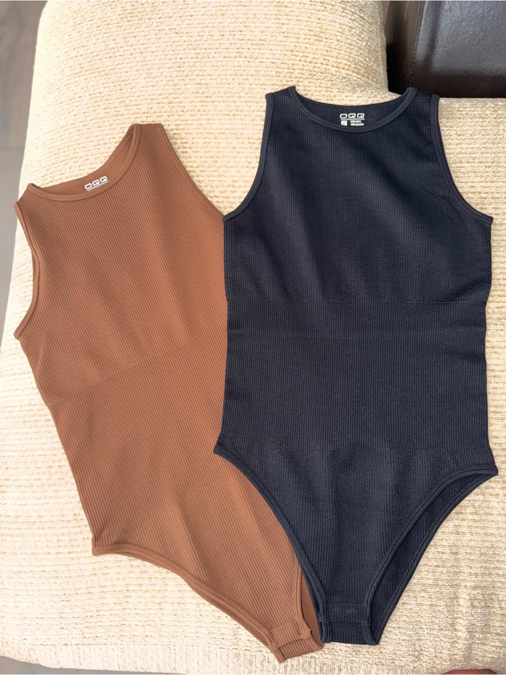 NWOT OQQ Ribbed One-Piece Bodysuit in Brown and Black BUNDLE